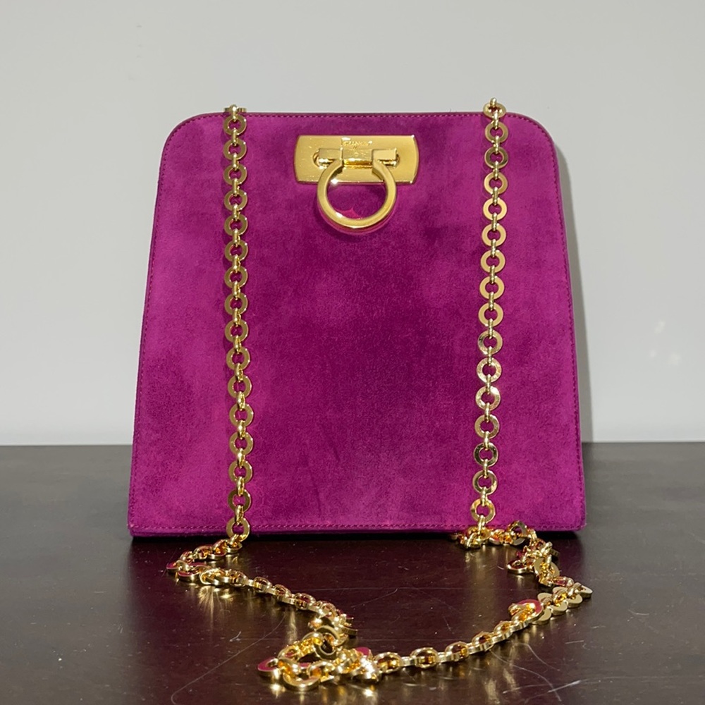 Ferragamo Purple Suede Long Gold Chain Bag Vintage